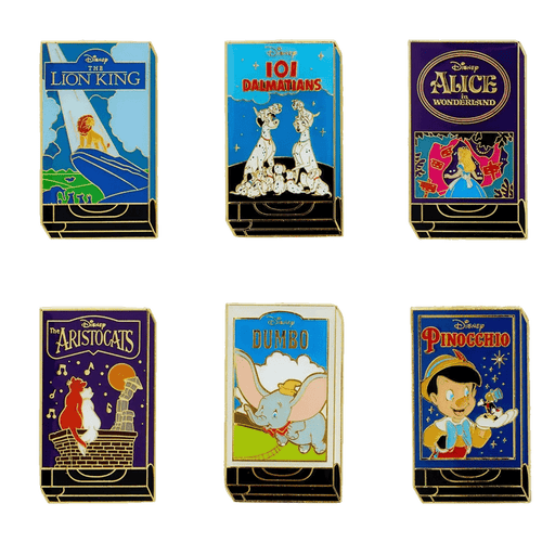 Six Disney VHS cover enamel pins: Lion King, 101 Dalmatians, Alice, Aristocats, Dumbo and Pinocchio.