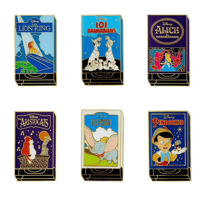 Six Disney VHS cover enamel pins: Lion King, 101 Dalmatians, Alice, Aristocats, Dumbo and Pinocchio.