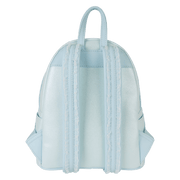 Back of Cinderella Loungefly Back Pack bag with glitter straps edged in delicate ruffle trim.	
