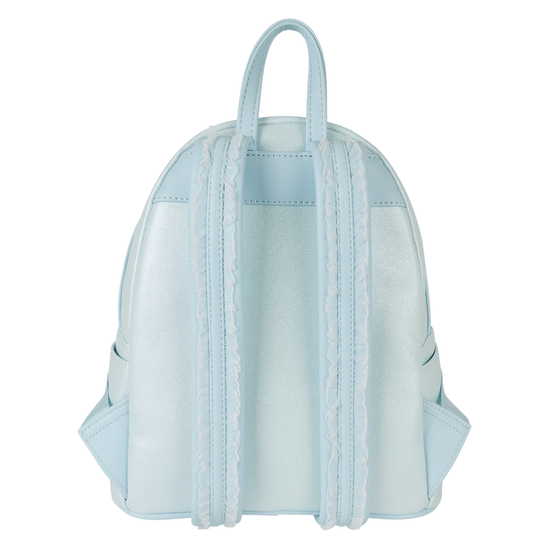 Back of Cinderella Loungefly Back Pack bag with glitter straps edged in delicate ruffle trim.	