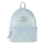 Front of pastel blue Disney Cinderella Loungefly Back Pack bag; velvety drape panels and metal brand badge.	