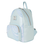 Side view of Cinderella Loungefly Back Pack bag showing shimmer panels, silver zip and slip pocket.	