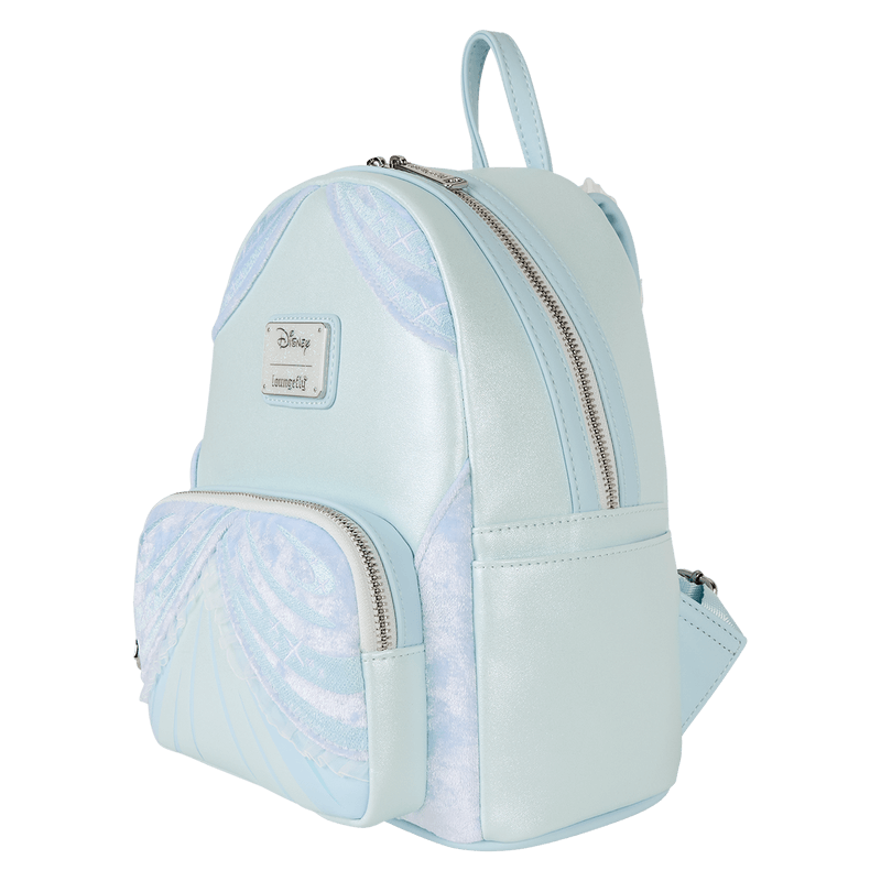 Side view of Cinderella Loungefly Back Pack bag showing shimmer panels, silver zip and slip pocket.	