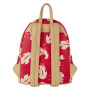 Back of red Loungefly Lilo & Stitch Back Pack bag showing tan raffia straps and cream leaf pattern.	