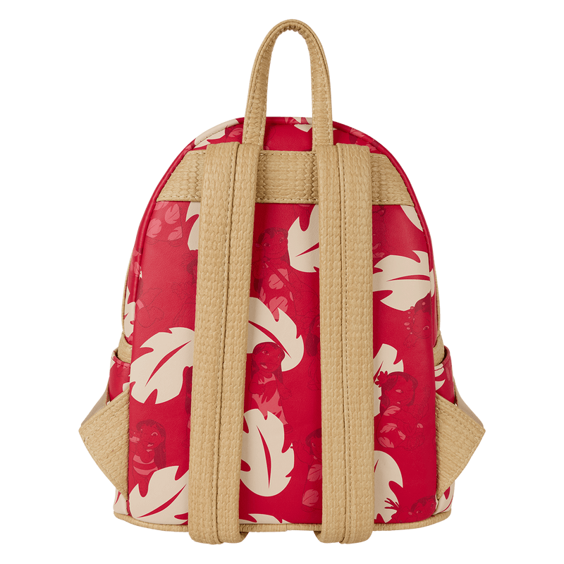 Back of red Loungefly Lilo & Stitch Back Pack bag showing tan raffia straps and cream leaf pattern.	