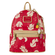 Front of red Loungefly Lilo & Stitch Back Pack bag; cream monstera print, raffia trim, gold zip and pineapple charm.	