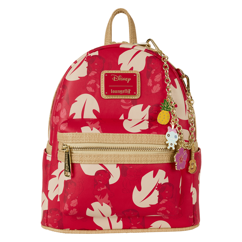 Front of red Loungefly Lilo & Stitch Back Pack bag; cream monstera print, raffia trim, gold zip and pineapple charm.	