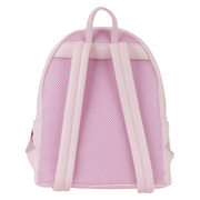 Back of pastel pink Minnie Loungefly Back Pack bag with breathable mesh panel and padded straps.	