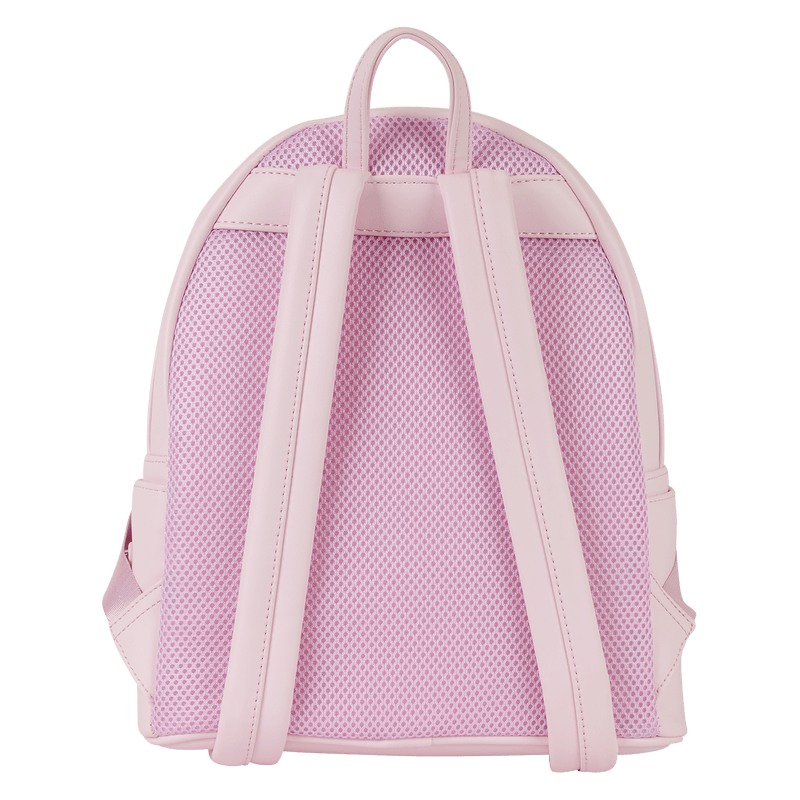 Back of pastel pink Minnie Loungefly Back Pack bag with breathable mesh panel and padded straps.	
