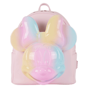 Front view of pastel pink Minnie Tie‑Dye Loungefly Back Pack bag featuring a giant rainbow 3D Minnie head.	
