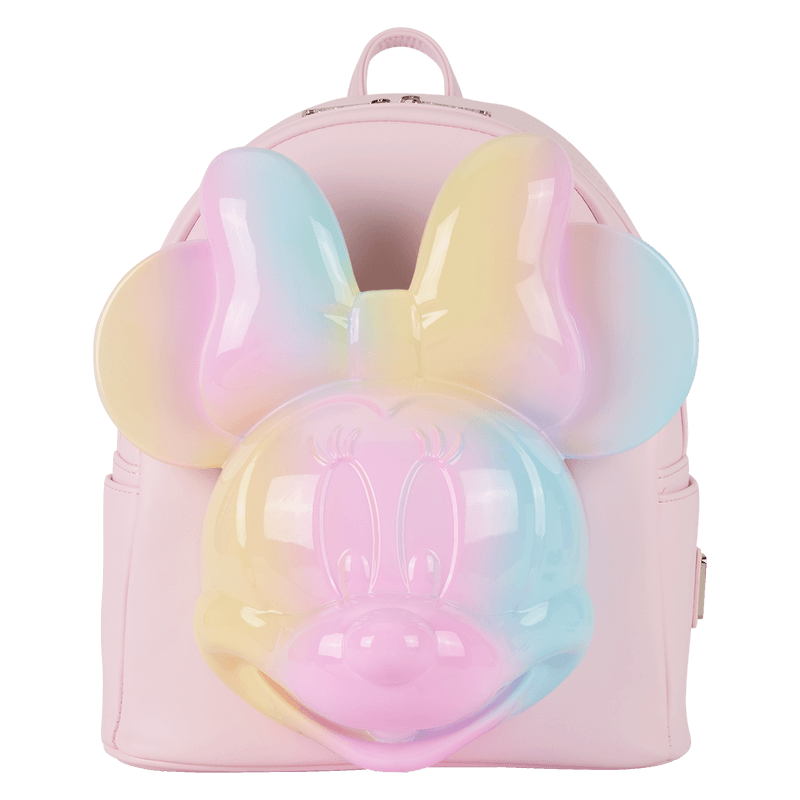Front view of pastel pink Minnie Tie‑Dye Loungefly Back Pack bag featuring a giant rainbow 3D Minnie head.	