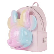 Side view of pastel pink Disney Minnie Tie‑Dye Loungefly Back Pack bag with oversized rainbow 3D Minnie face mould.	