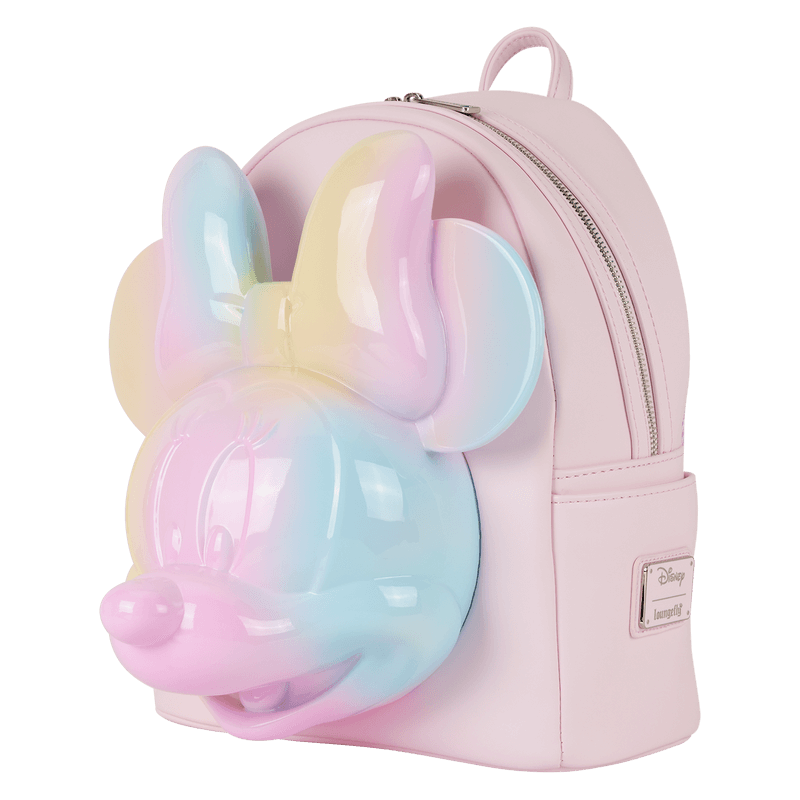 Side view of pastel pink Disney Minnie Tie‑Dye Loungefly Back Pack bag with oversized rainbow 3D Minnie face mould.	