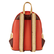 Back of Moana Loungefly Back Pack bag with coral body and raffia‑edged tan straps.	