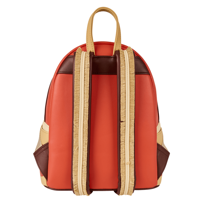 Back of Moana Loungefly Back Pack bag with coral body and raffia‑edged tan straps.	