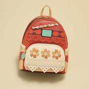 Coral and cream Disney Moana Loungefly Back Pack bag with tribal patterns, floral pocket embroidery and shell garland.	