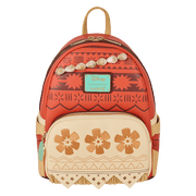Front view of coral Disney Moana Loungefly Back Pack bag; tribal motifs, shell garland and cream floral pocket.	