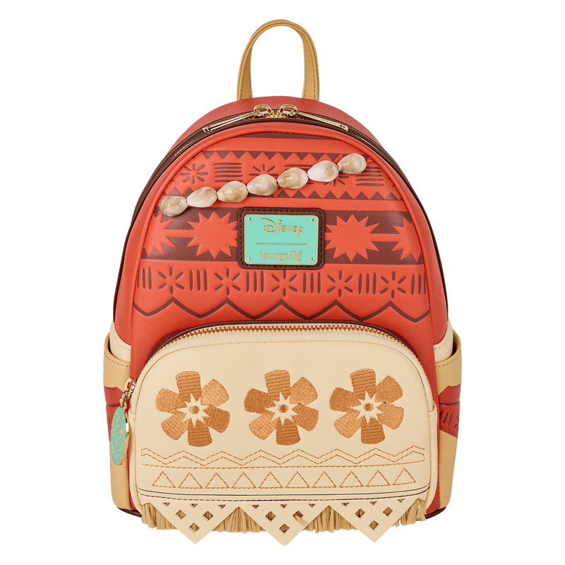 Front view of coral Disney Moana Loungefly Back Pack bag; tribal motifs, shell garland and cream floral pocket.	