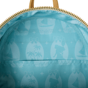 Interior lining of Moana Loungefly Back Pack bag; aqua satin with island silhouettes, canoes and palm trees.	