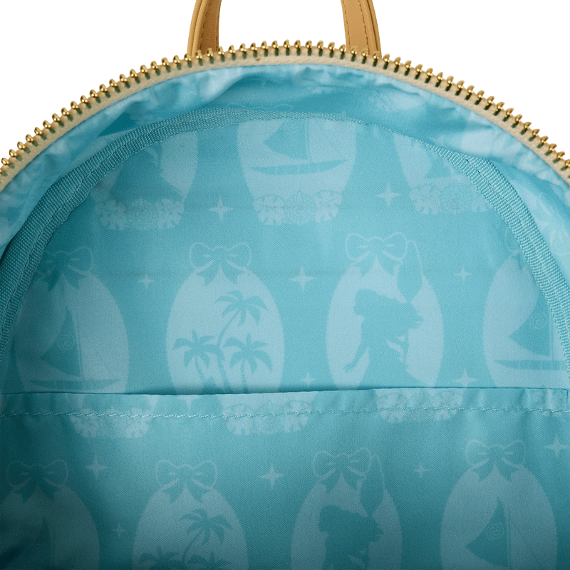Interior lining of Moana Loungefly Back Pack bag; aqua satin with island silhouettes, canoes and palm trees.	