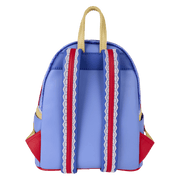 Back of Snow White Loungefly Back Pack with lace‑edge striped straps in blue, red and gold.	