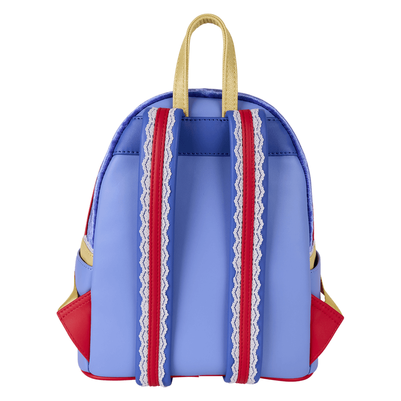 Back of Snow White Loungefly Back Pack with lace‑edge striped straps in blue, red and gold.	