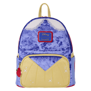 Front of blue velvet Snow White Loungefly Back Pack bag; yellow bodice pocket and Disney brand badge.	