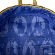 Interior lining of Snow White Loungefly Back Pack showing royal blue satin castle and apple silhouettes.	