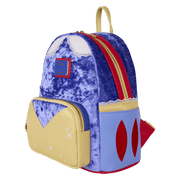Side view of Snow White Loungefly Back Pack bag showing blue velvet, red zip and yellow bodice pocket.	