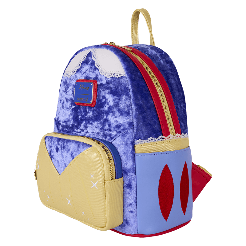 Side view of Snow White Loungefly Back Pack bag showing blue velvet, red zip and yellow bodice pocket.	