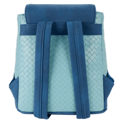 Back of teal Loungefly Disney Stitch Back Pack bag highlighting padded navy straps and basket‑weave faux‑leather panel.	