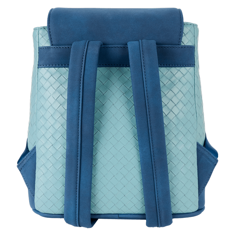 Back of teal Loungefly Disney Stitch Back Pack bag highlighting padded navy straps and basket‑weave faux‑leather panel.	