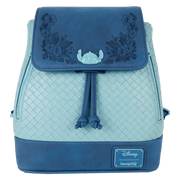 Front of teal Disney Stitch Loungefly Back Pack bag; woven body and navy suede flap with Stitch floral embroidery.	