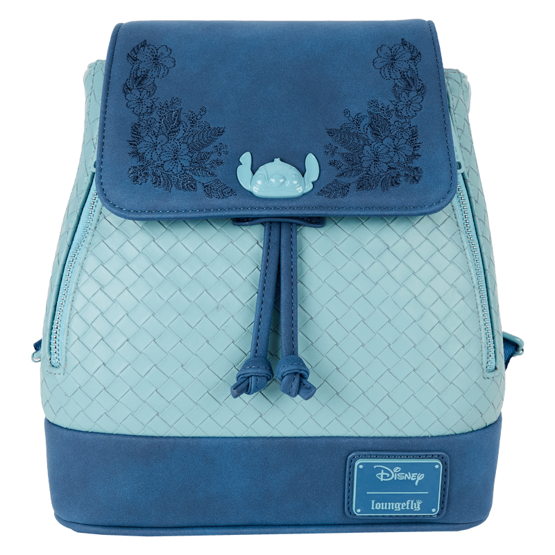 Front of teal Disney Stitch Loungefly Back Pack bag; woven body and navy suede flap with Stitch floral embroidery.	
