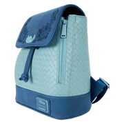 Side view of teal Loungefly Disney Stitch Back Pack bag with woven texture, side zip pocket and navy floral flap.	