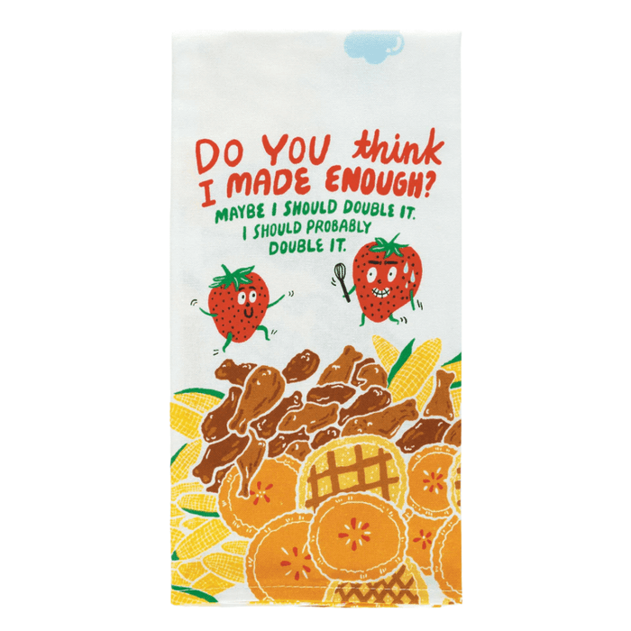 Front view of Do you think I made enough? tea towel with colourful food illustration.
