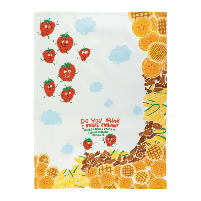Full view of cotton tea towel with Do you think I made enough? text and food-themed pattern.