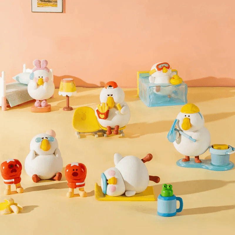 Dodowo Fat Goose GYM blind box figures displayed together in a colourful gym-themed scene