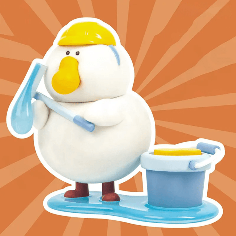 Squeaky Tappy Fat Goose character holding a mop beside a cleaning bucket