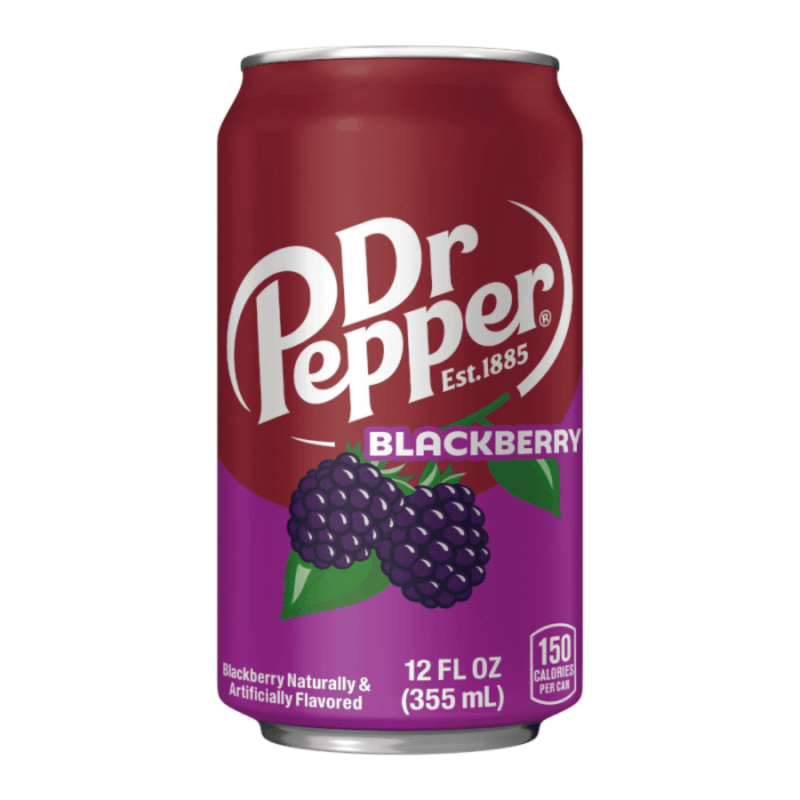 Dr Pepper Blackberry American soda drink 355ml can with juicy blackberry flavour