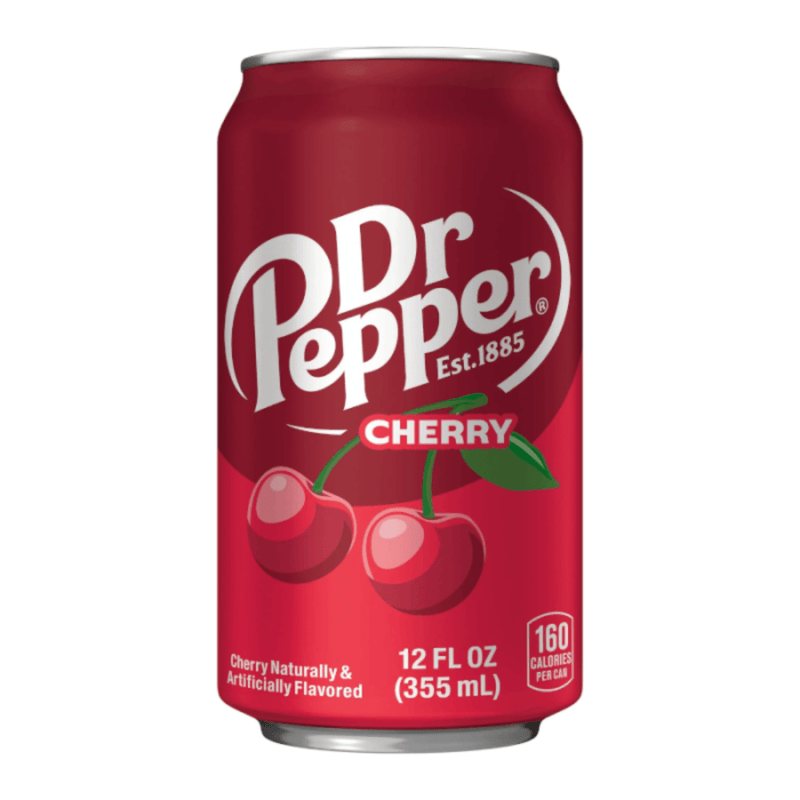Dr Pepper Cherry American soda drink 355ml can with sweet cherry flavour