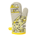 Back view of oven mitt with illustrated kitchen scene, jars, and utensils.