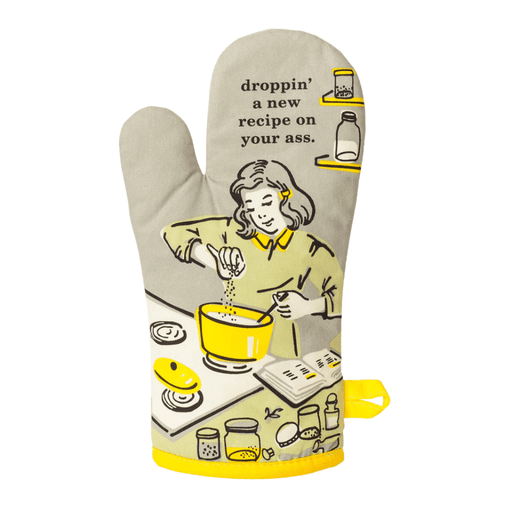 Front view of oven mitt featuring woman cooking with bold slogan and yellow accents.
