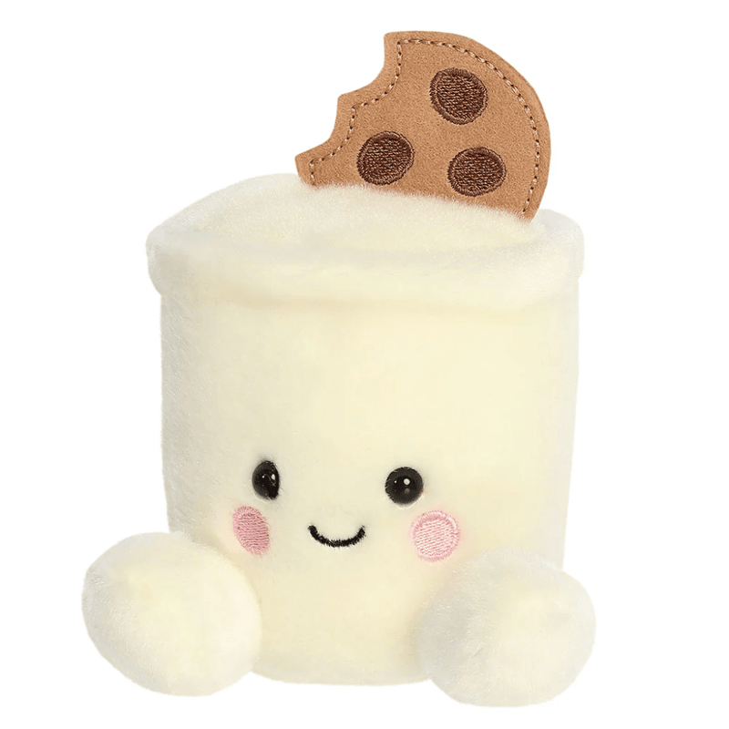 Cute milk and cookies Palm Pals plush with soft cream body, embroidered smile, pink cheeks and bitten cookie detail.