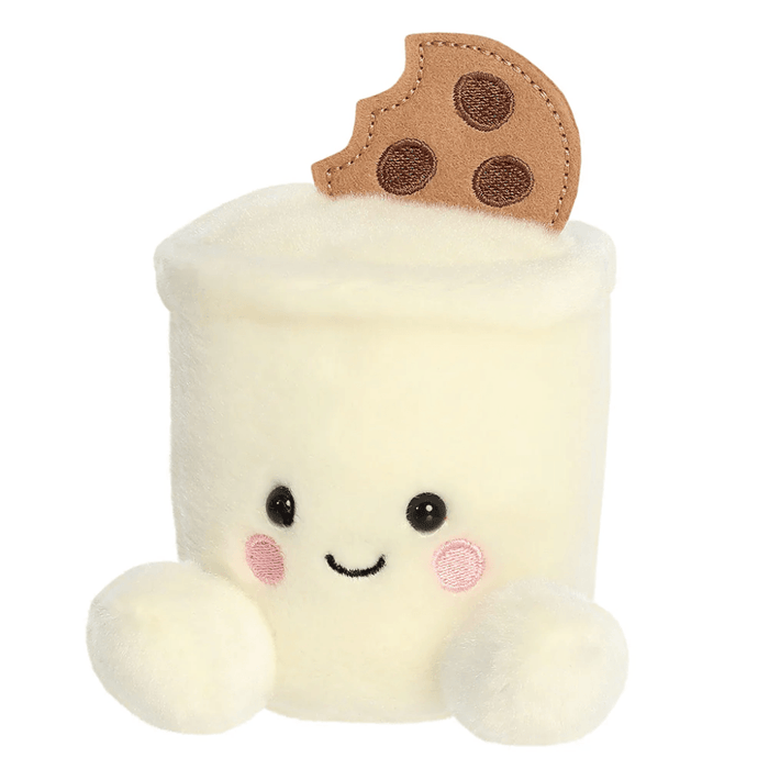 Cute milk and cookies Palm Pals plush with soft cream body, embroidered smile, pink cheeks and bitten cookie detail.