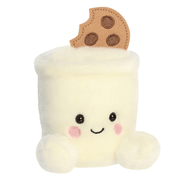 Angled view of Duncan Milk and Cookies Palm Pals plush with cream cup body, smiling face and chocolate chip cookie topper.