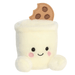 Angled view of Duncan Milk and Cookies Palm Pals plush with cream cup body, smiling face and chocolate chip cookie topper.