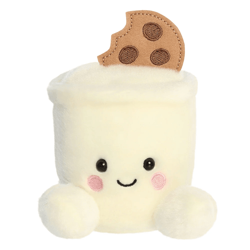 Duncan Milk and Cookies Palm Pals plush toy with smiling face, pink cheeks, creamy cup body and chocolate chip cookie.