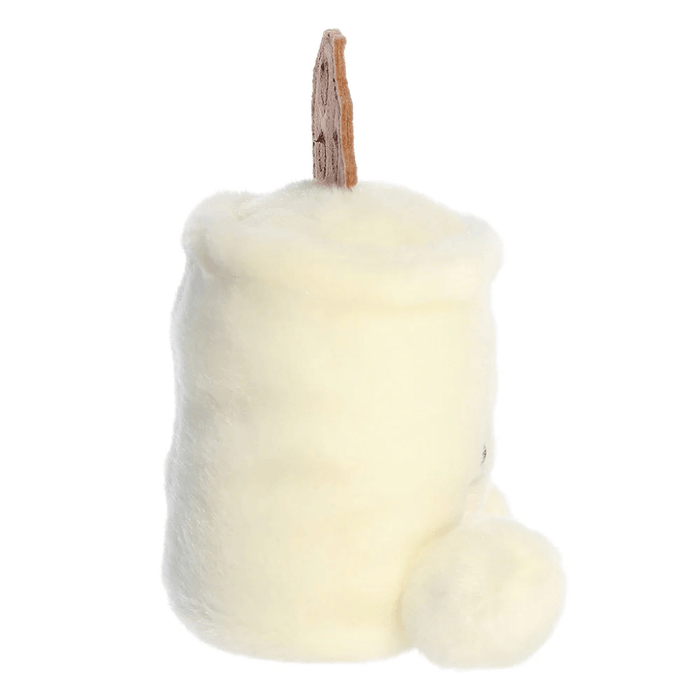Side view of Duncan Milk and Cookies Palm Pals plush showing creamy cup shape, soft plush foot and upright cookie detail.