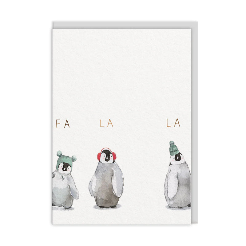 White Christmas card with three baby penguins in hats and earmuffs; copper-foil FA LA LA text; A6, blank inside, pastel grey envelope by E Frances Paper